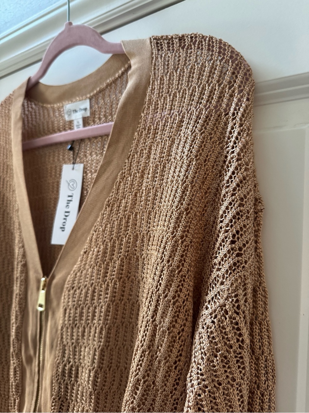 The Drop Latte Open Knit Zip Front Cardigan Sweater XL NWT Gold Tan Light Brown - Picture 4 of 8